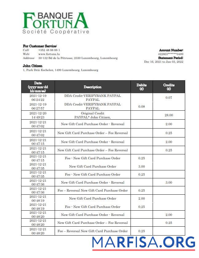 Downloadable Luxembourg Fortuna Banque bank statement word template